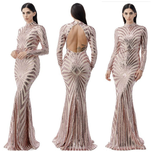 MOCK NECK SEQUIN OPEN BACK MAXI DRESS