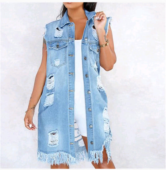 BROKEN WHOLE TASSEL DENIM JACKET (Plus Size)